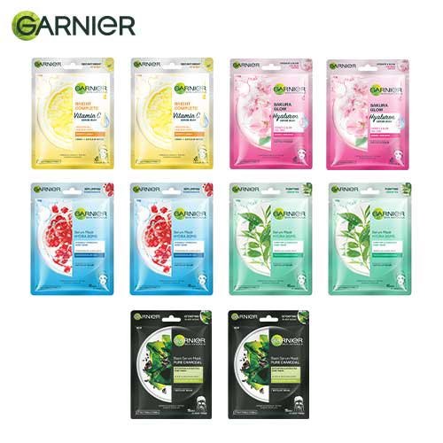 Garnier Sheet Masks Pack of 10 - Charcoal + Sakura + Bright Complete + Green Tea + Hydrabomb